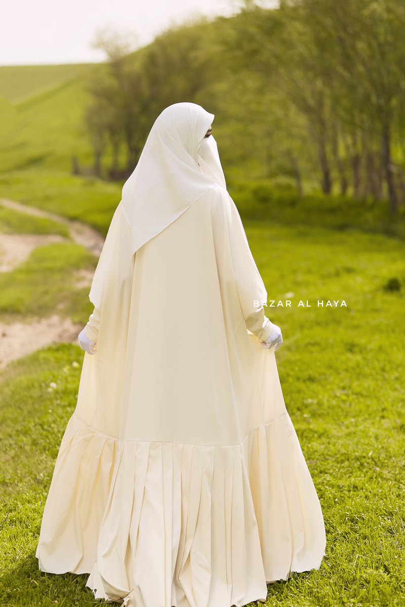 Badra Ivory Butterfly Abaya With Flair Bottom & Zipper Sleeves - Silk Crepe