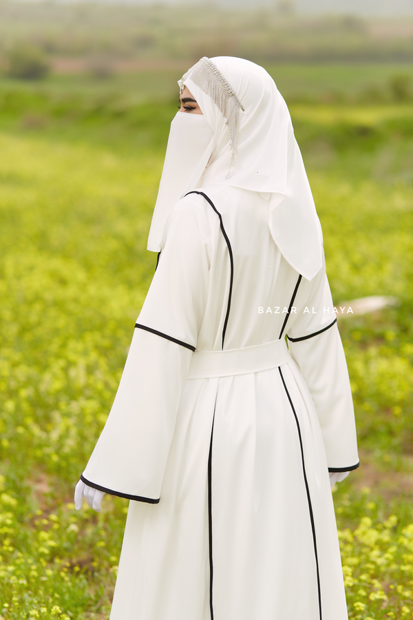 Fazeela White Open Front Abaya In Classic Design - Premium Silk Crepe