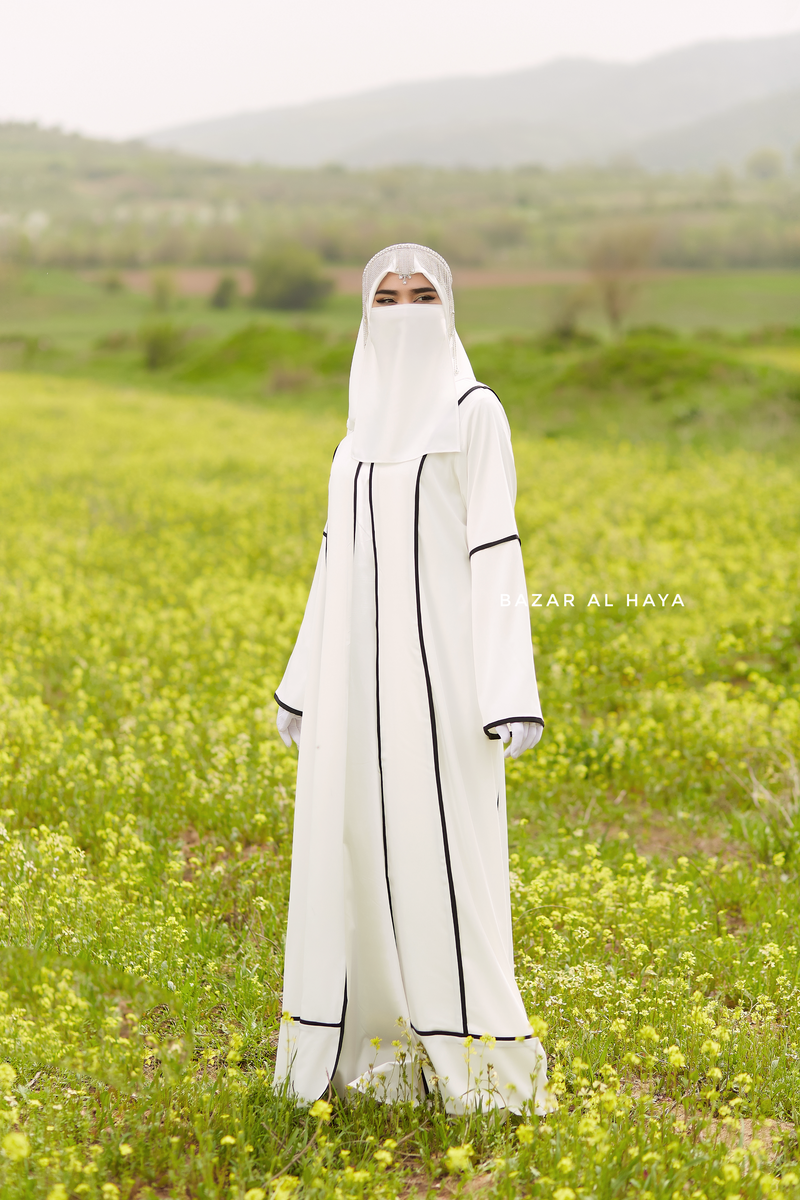 Fazeela White Open Front Abaya In Classic Design - Premium Silk Crepe