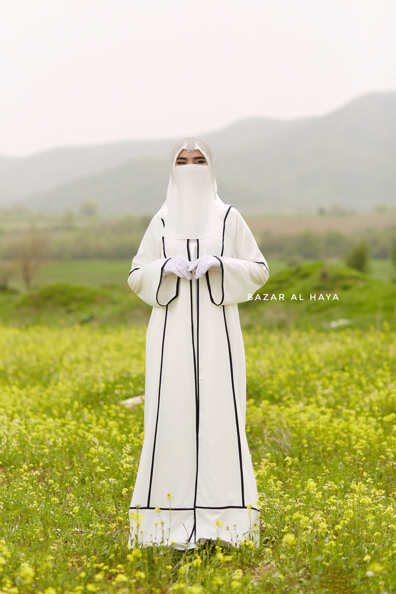 Fazeela White Open Front Abaya In Classic Design - Premium Silk Crepe