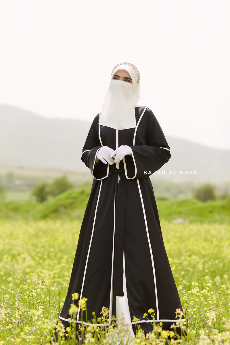 Fazeela Black Open Front Abaya In Classic Design - Premium Silk Crepe