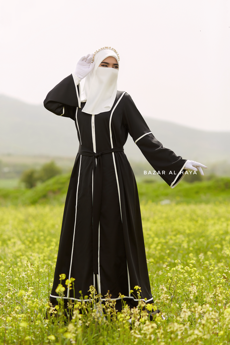 Fazeela Black Open Front Abaya In Classic Design - Premium Silk Crepe