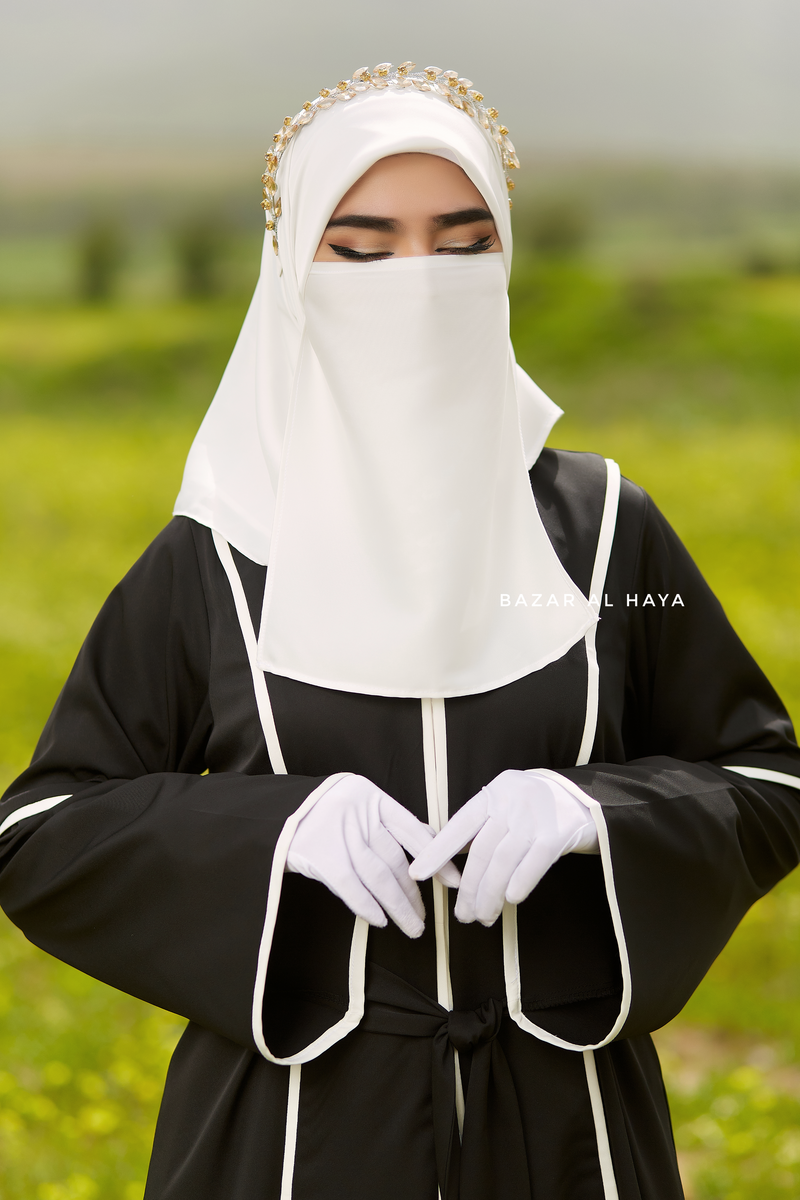 Fazeela Black Open Front Abaya In Classic Design - Premium Silk Crepe
