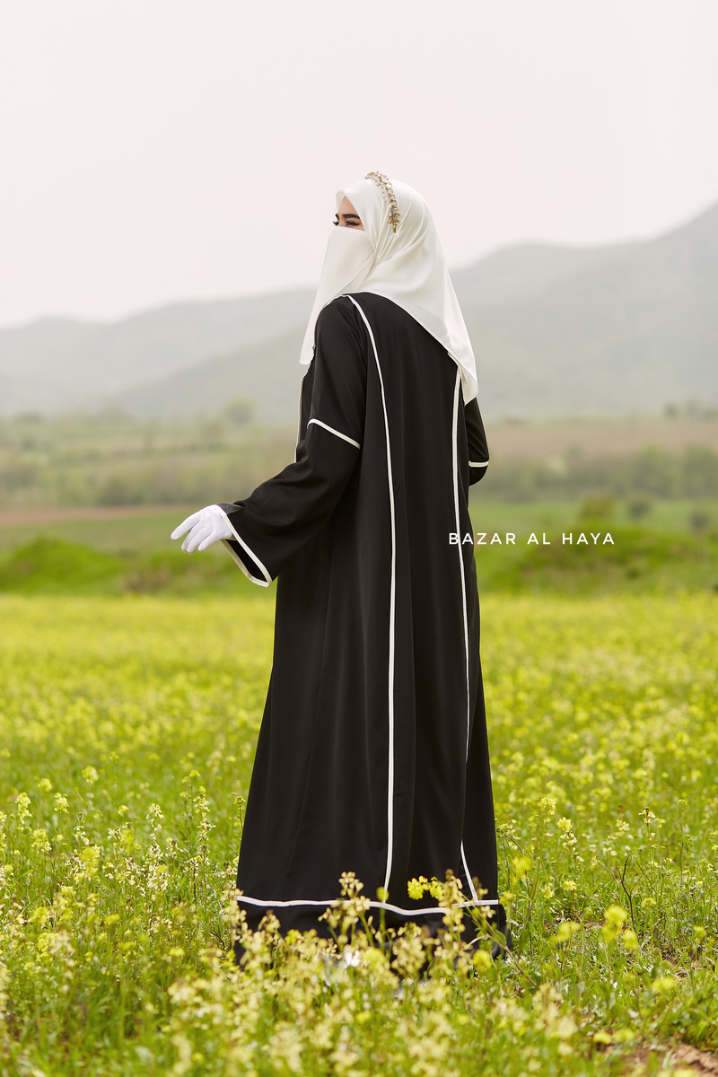 Fazeela Black Open Front Abaya In Classic Design - Premium Silk Crepe