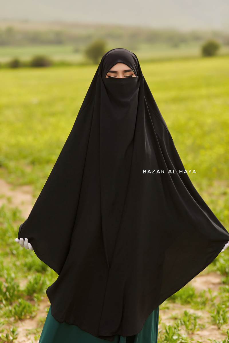 Black Munawwar Extra Long Triangle Diamond Khimar - Soft Nida