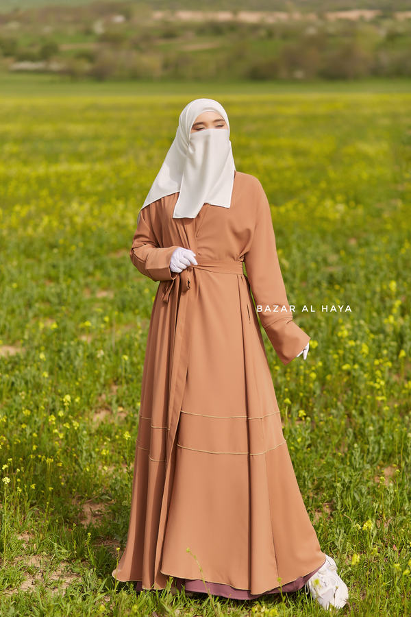 Fathiya Latte Open Front Abaya In Nida - Relaxed Fit