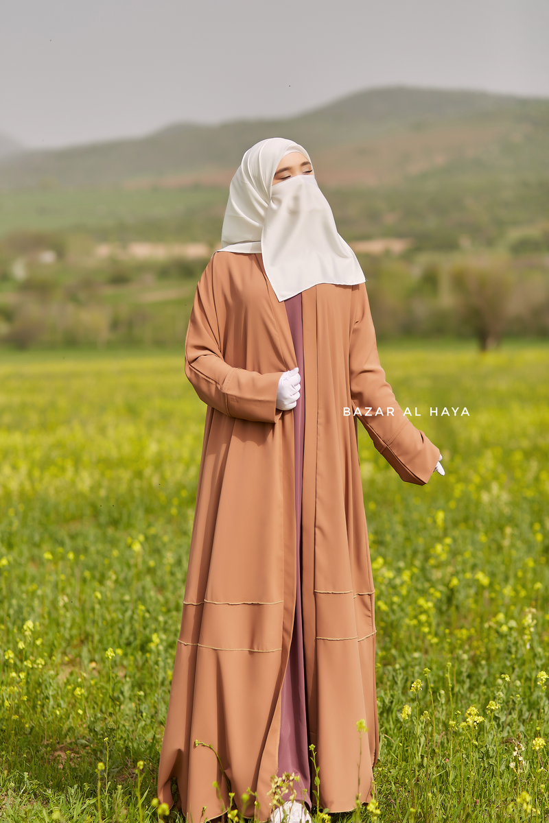 Fathiya Latte Open Front Abaya In Nida - Relaxed Fit