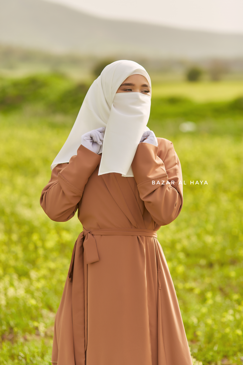 Fathiya Latte Open Front Abaya In Nida - Relaxed Fit