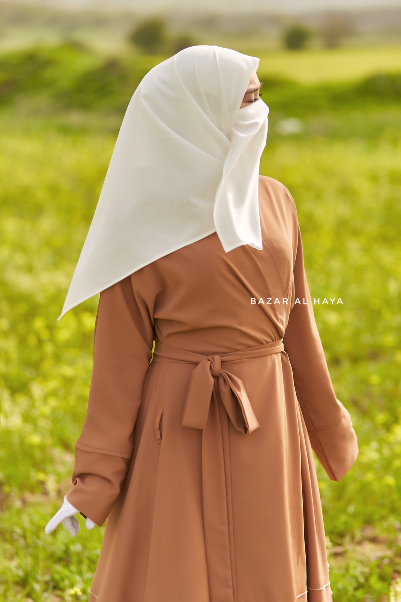 Fathiya Latte Open Front Abaya In Nida - Relaxed Fit