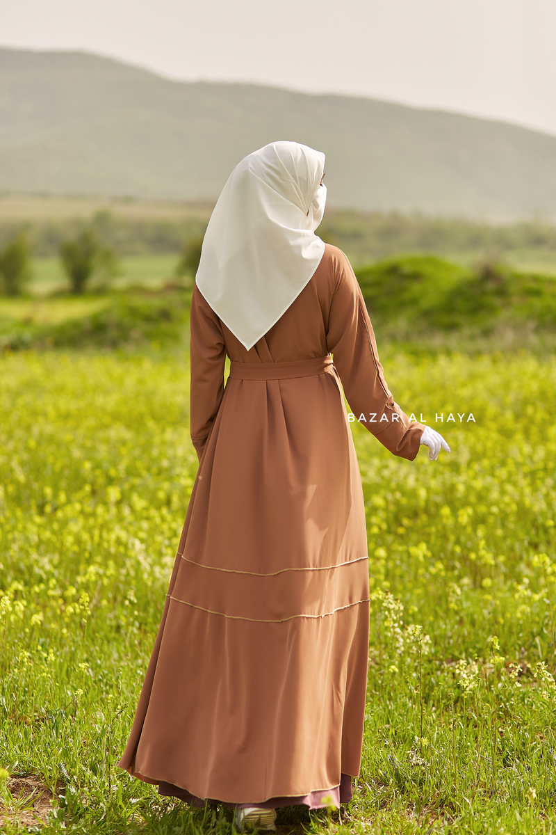 Fathiya Latte Open Front Abaya In Nida - Relaxed Fit