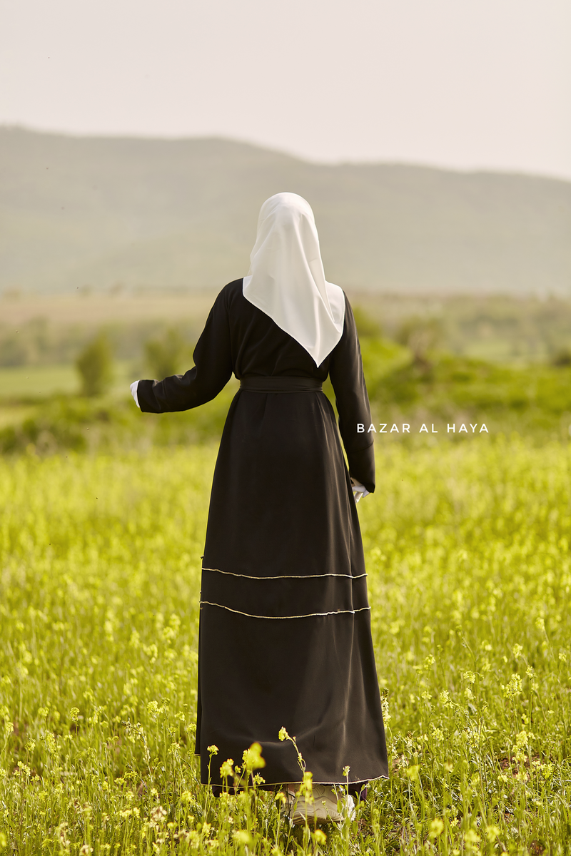 Fathiya Black Open Front Abaya In Nida - Relaxed Fit