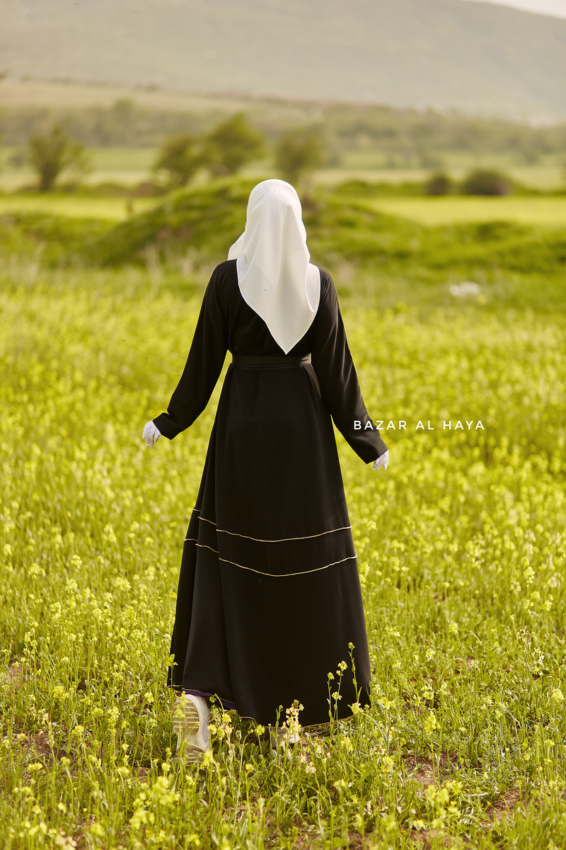 Fathiya Black Open Front Abaya In Nida - Relaxed Fit