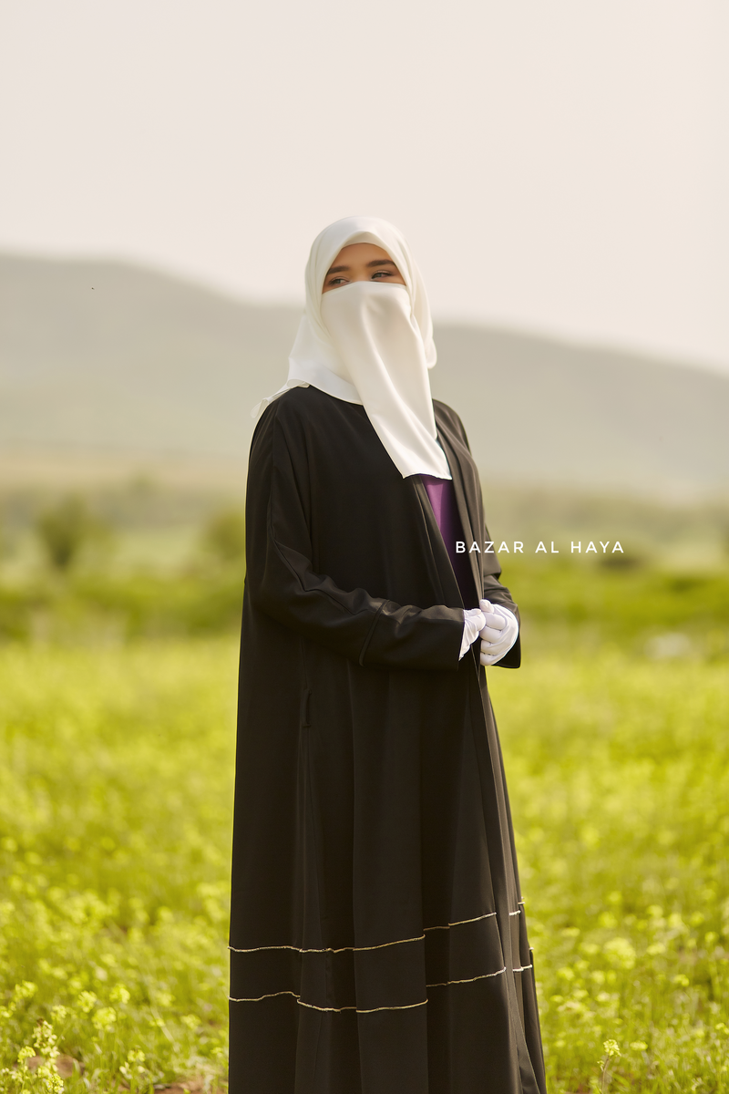 Fathiya Black Open Front Abaya In Nida - Relaxed Fit