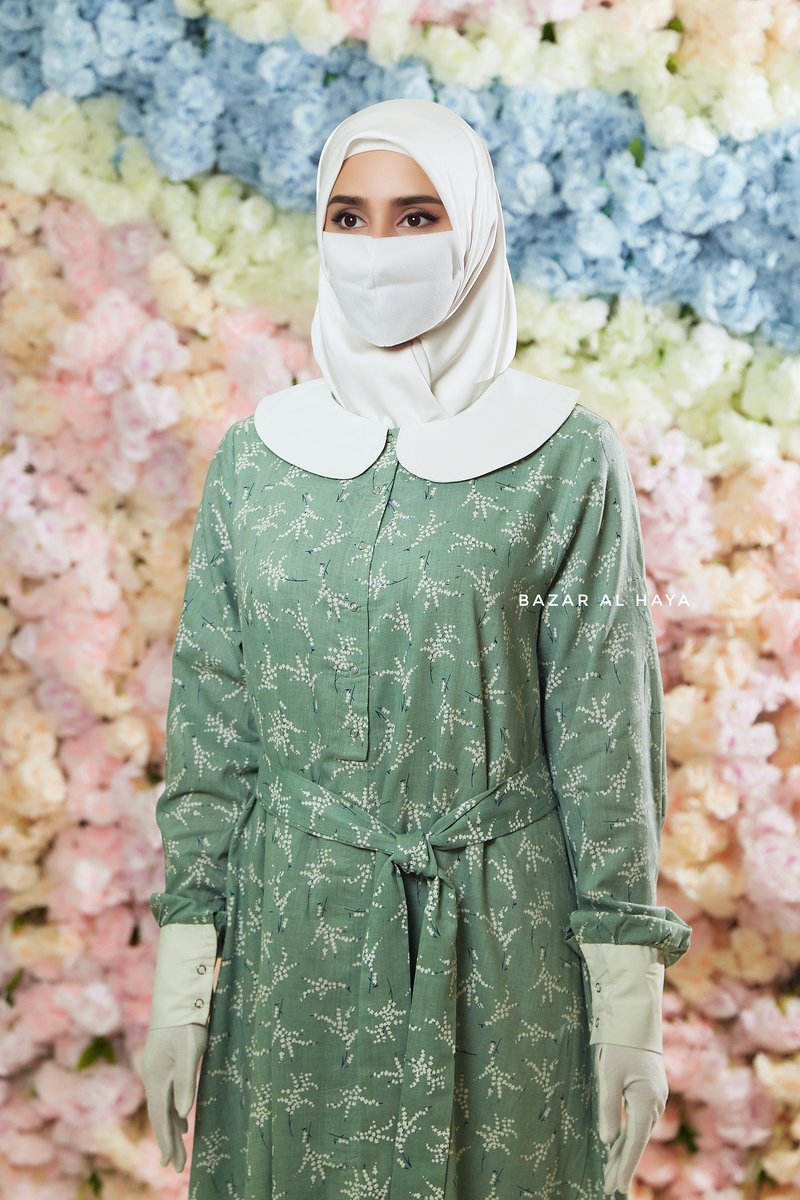 Mint Kamila Floral Summer Abaya Dress With Belt - Breathable Quality Cotton