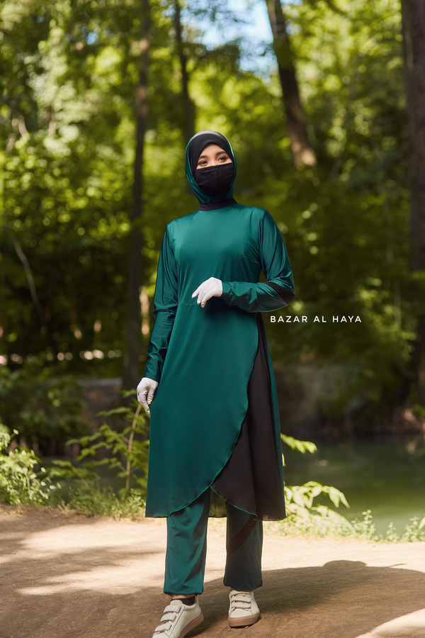 Emerald Modest Swimwear Three Piece Set With Swimdress, Khimar, & Pants - Enjoy The Comfort