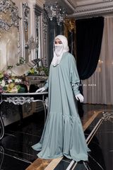 Badra Mint Butterfly Abaya With Flair Bottom & Zipper Sleeves - Silk Crepe