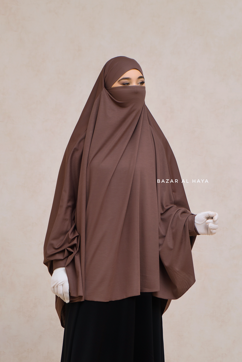 Coffee Cotton Abida Khimar With Sleeves - Soft Cotton