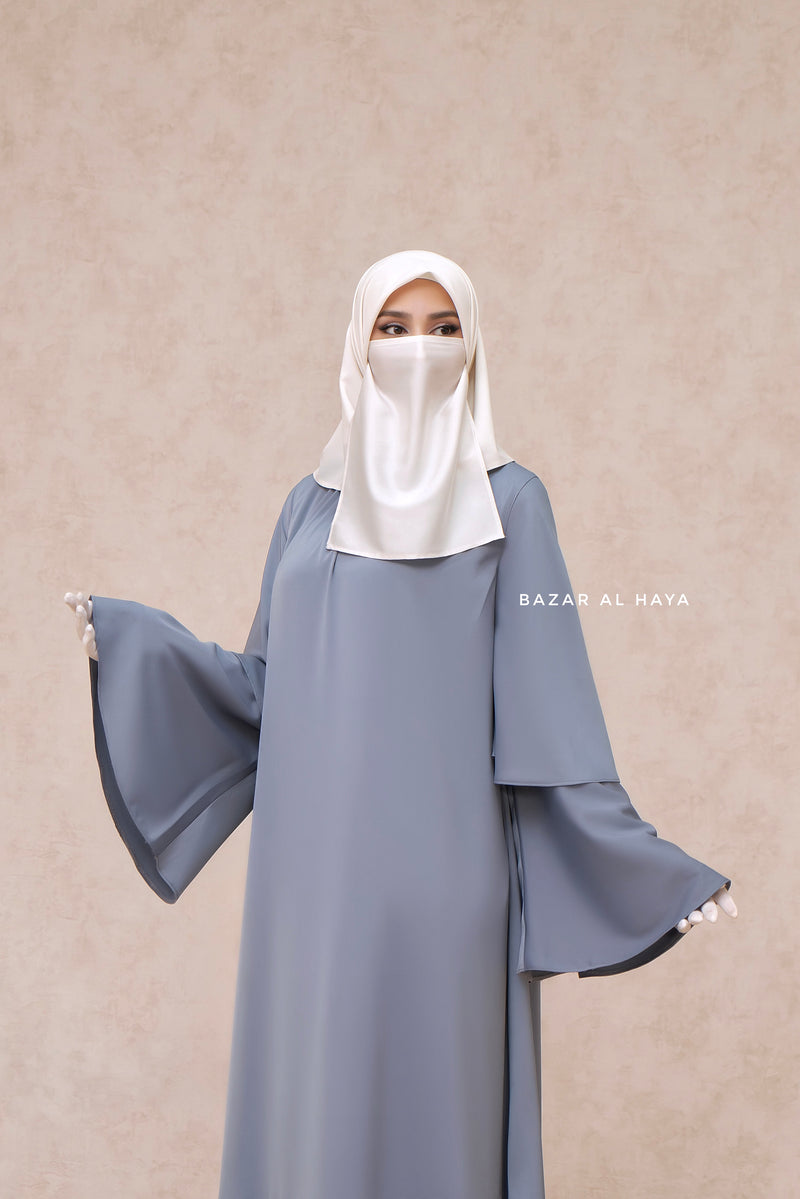 Bushra Dress - Steel Grey Layered Ruffle Sleeve Abaya - Premium Sultansha