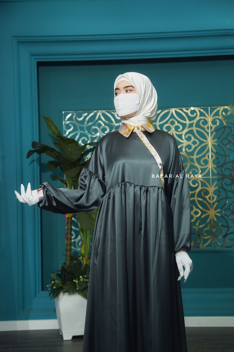Nari Rubber Tree Loose Fit Abaya Dress With Snap Buttons - Pure Silk