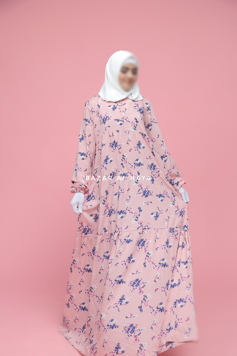 Sadia Pink Floral Abaya Dress 100% Cotton Summer Tiered Style With Front Zipper