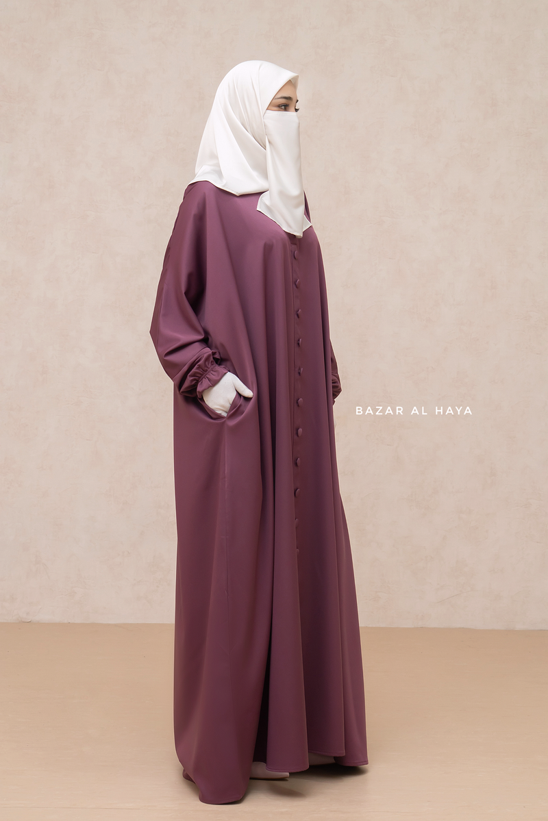 Mauve Safa Loose - Fit Abaya With Button Front - Silk Crepe