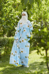 Muna Baby Blue Loose Fit Summer Abaya Dress - Viscose Cotton & Daisy Flower Print