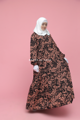 Sadia Black & Pink Floral Abaya Dress 100% Cotton Summer Tiered Style With Front Zipper