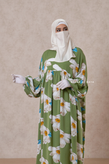 Muna Kiwi Loose Fit Summer Abaya Dress - Viscose Cotton & Daisy Flower Print