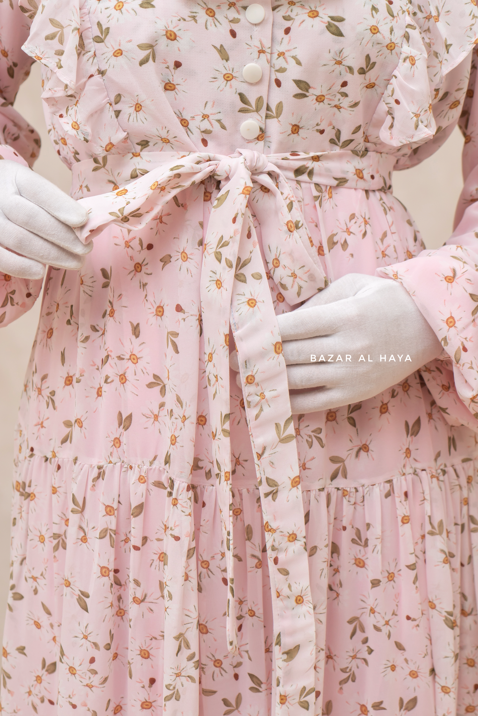 Surayya Pink Chiffon Abaya Dress With Floral Print