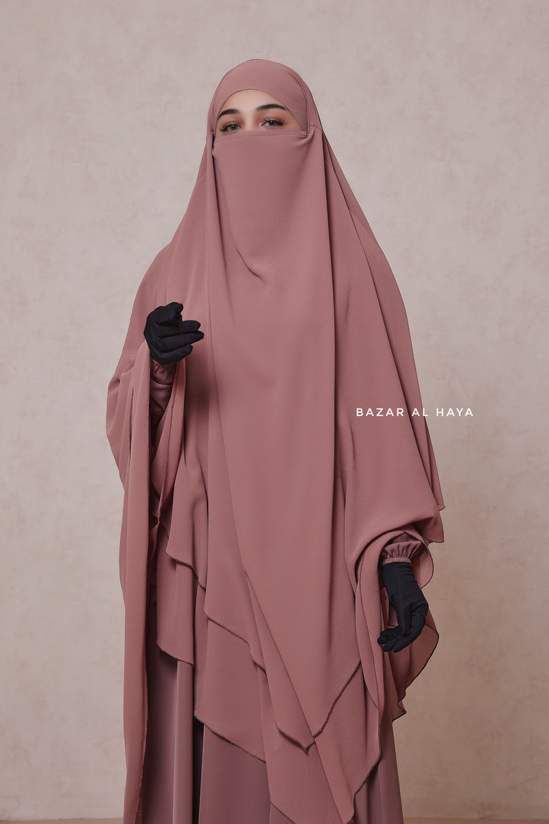 Pari Taupe Rose Two Layered Maxi Diamond Khimar - Crepe Chiffon