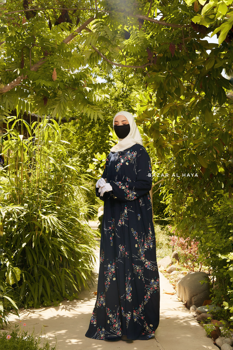 Sadia Dark Midnight Floral Dress In 100% Cotton Summer Tiered Style Abaya - Front Zipper