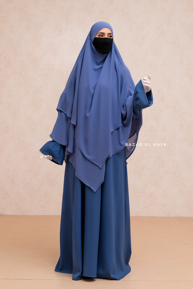 Slate Blue Pari Two Layered Maxi Diamond Khimar - Crepe Chiffon