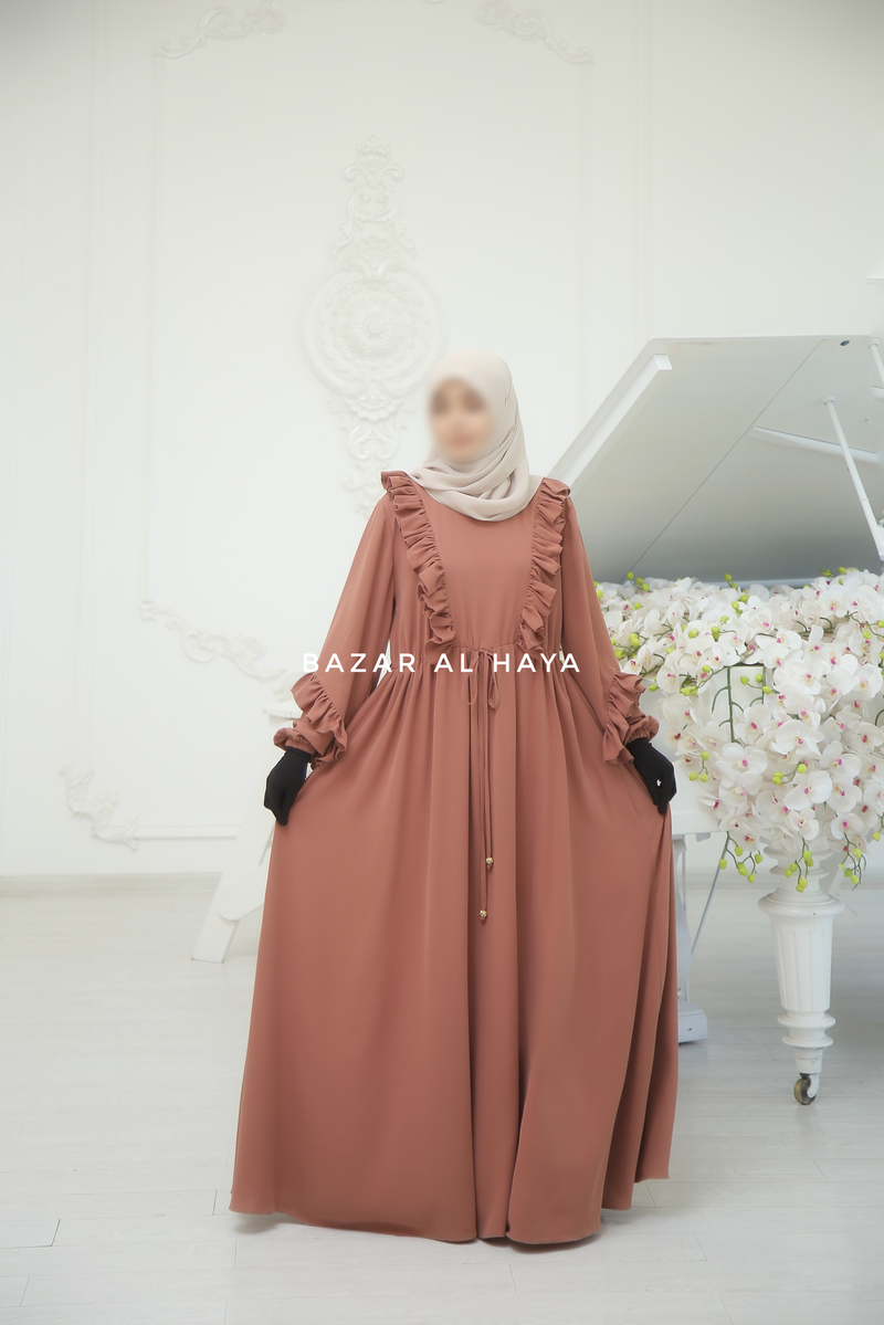 Afsah Capuccino Ruffle Embroidery Lightweight Summer Spring Abaya Dress - Soft Breathable Crepe Cotton