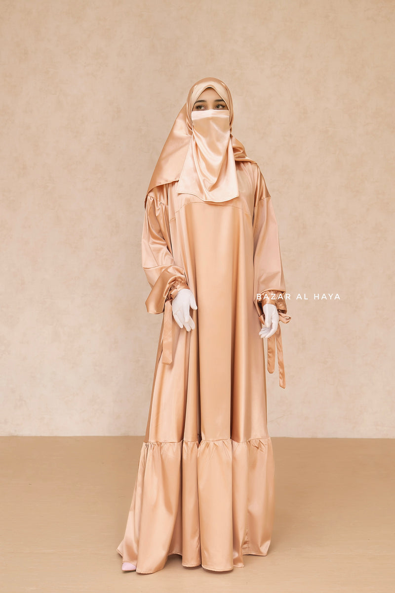 Gold Elegant Shaheen Satin Dress Scarf & Slip Dress Set - 3 Piece