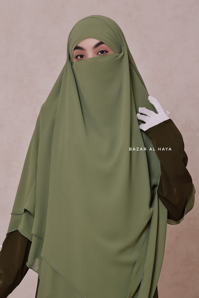 Light Olive Pari Two Layered Maxi Diamond Khimar - Crepe Chiffon