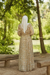 Surayya Almond Chiffon Abaya Dress With Floral Print - Ruffled Design