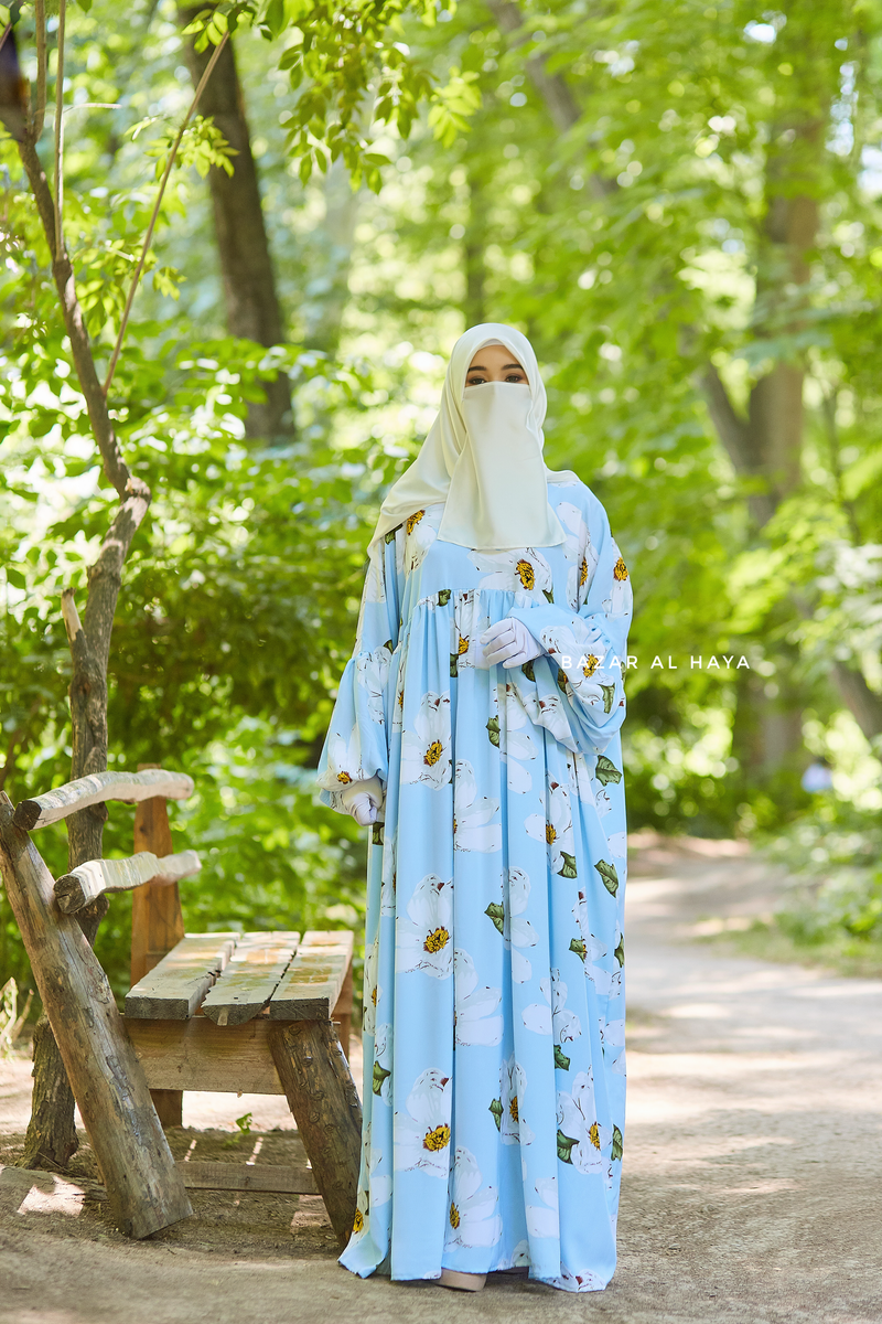 Baby Blue Muna Loose Fit Summer Abaya Dress - Viscose Cotton & Daisy Flower Print