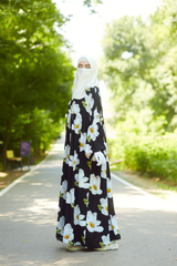 Black Muna Loose Fit Summer Abaya Dress - Viscose Cotton & Daisy Flower Print