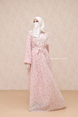 Surayya Pink Chiffon Abaya Dress With Floral Print - Ruffled Design