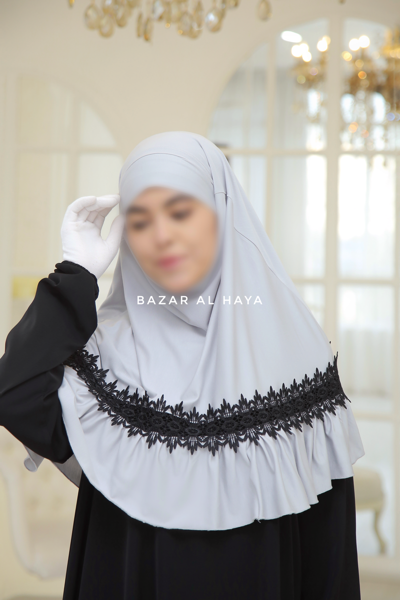 Silver Tieback Ruffle Lace Short Khimar - Soft Cotton