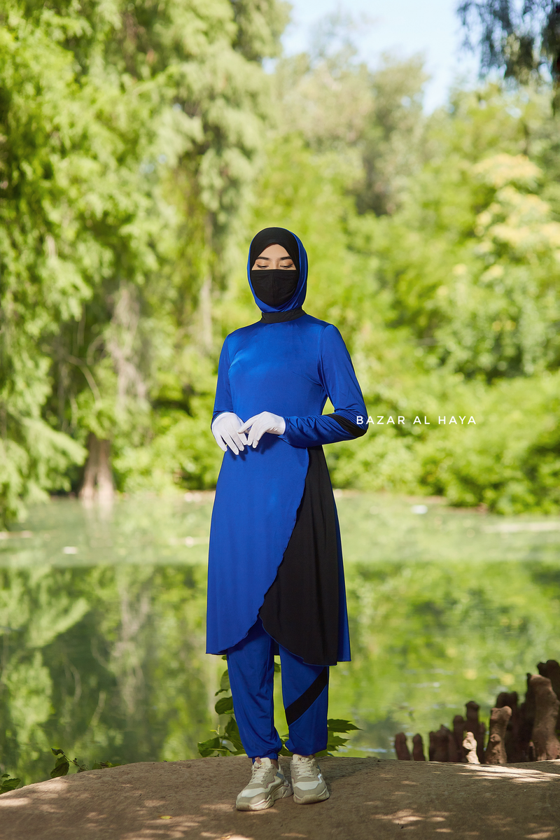 Royal Blue Modest Swimwear Three Piece Set With Swimdress, Khimar, & Pants - Enjoy The Comfort