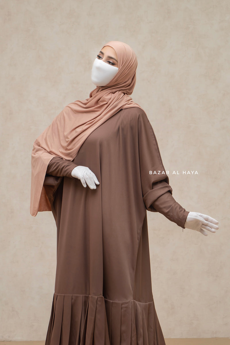 Badra Chocolate Butterfly Abaya With Flair Bottom & Zipper Sleeves - Silk Crepe