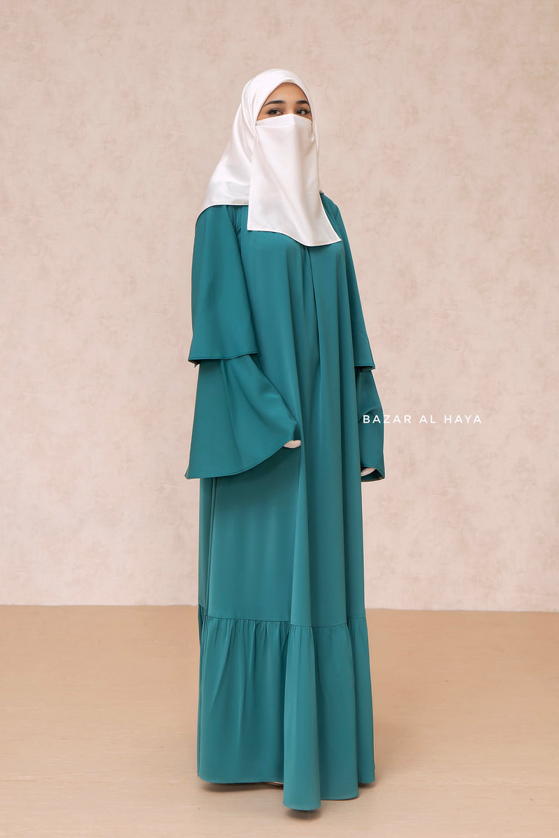 Bushra Dress - Jade Green Layered Ruffle Sleeve Abaya - Premium Sultansha