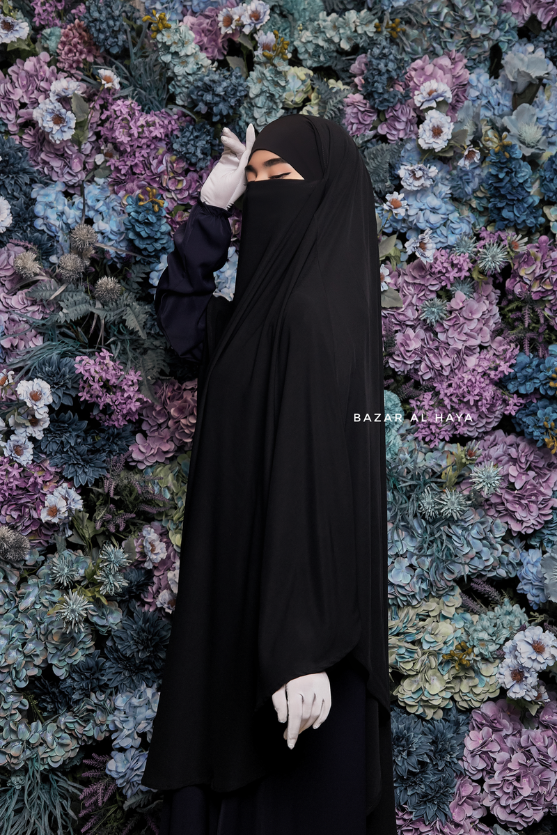 Munawwar Black Extra Long Triangle Diamond Khimar - Soft Nida