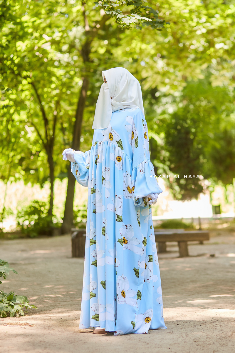 Baby Blue Muna Loose Fit Summer Abaya Dress - Viscose Cotton & Daisy Flower Print