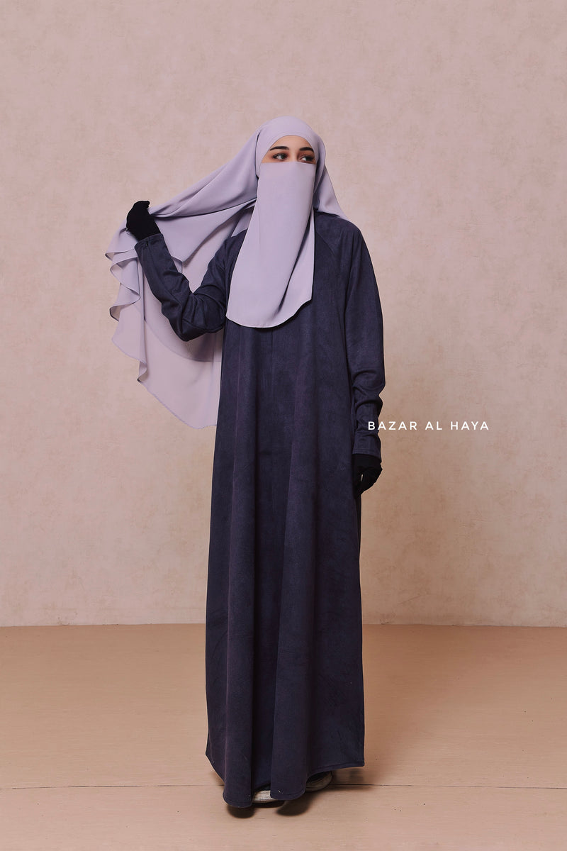 Naval Yamina Front & Sleeve Zipper Abaya Dress With Side Pockets - Textured Suede