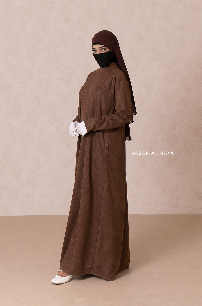 Chocolate Yamina Front Sleeve Zipper Abaya Dress With Side Pockets Textured Suede