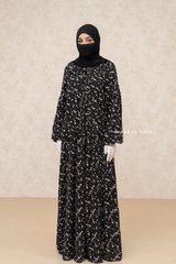 Amira Black Chiffon With Tie Neck Strings Abaya Dress - Puff Sleeves