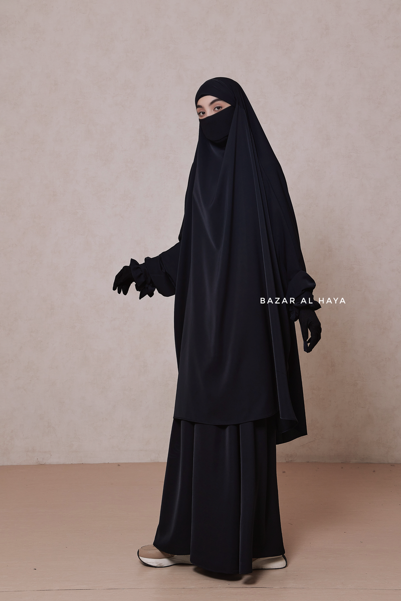 Black Jahida Two Piece Jilbab With Loose Pants Set - Skirt-Style Shalwar