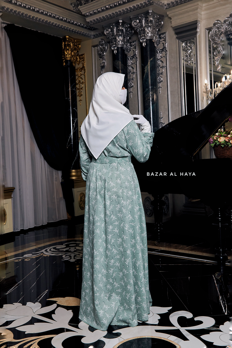 Kamila Mint Floral Summer Abaya Dress With Belt - Breathable Quality Cotton